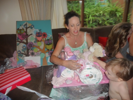 Always was secretly jealous  of people who had nappy cakes, now I am one of them!  A nappy trike from Cassie, Hollie and Kathy.